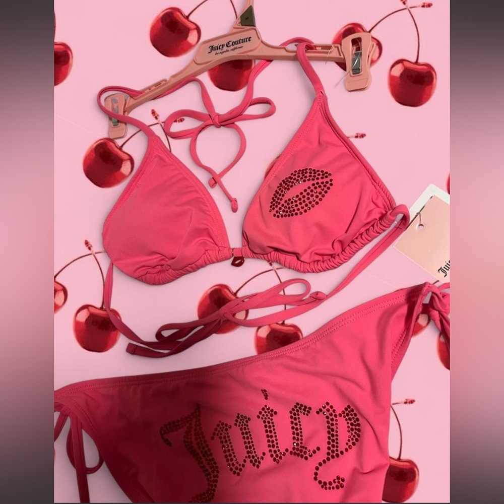 Juicy Couture Pink Bikini Set With Rhinestones & Kiss Lips